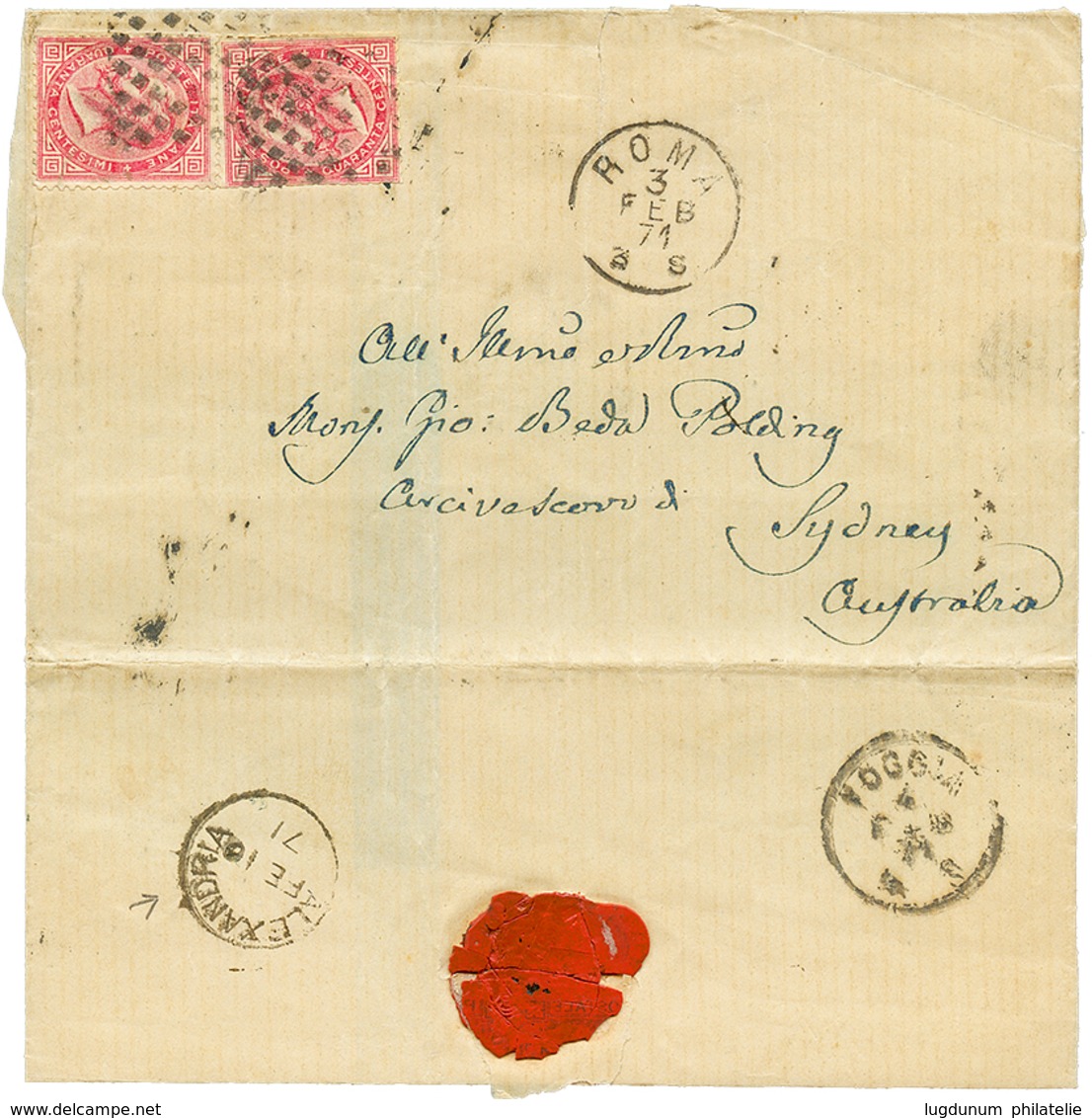 "80c Rate To AUSTRALIA Via ALEXANDRIA" : 1871 40c(x2) Faults Canc. ROMBI On Cover From ROMA To SYDNEY (AUSTRALIA). Verso - Sin Clasificación