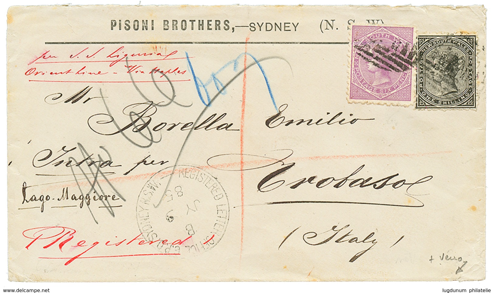 "MAGADINO-ARONA N°3" : 1885 NEW SOUTH WALES 1 Shilling + 6d On REGISTERED Envelope From SUDNEY To TROBASO (ITALY). Verso - Non Classificati