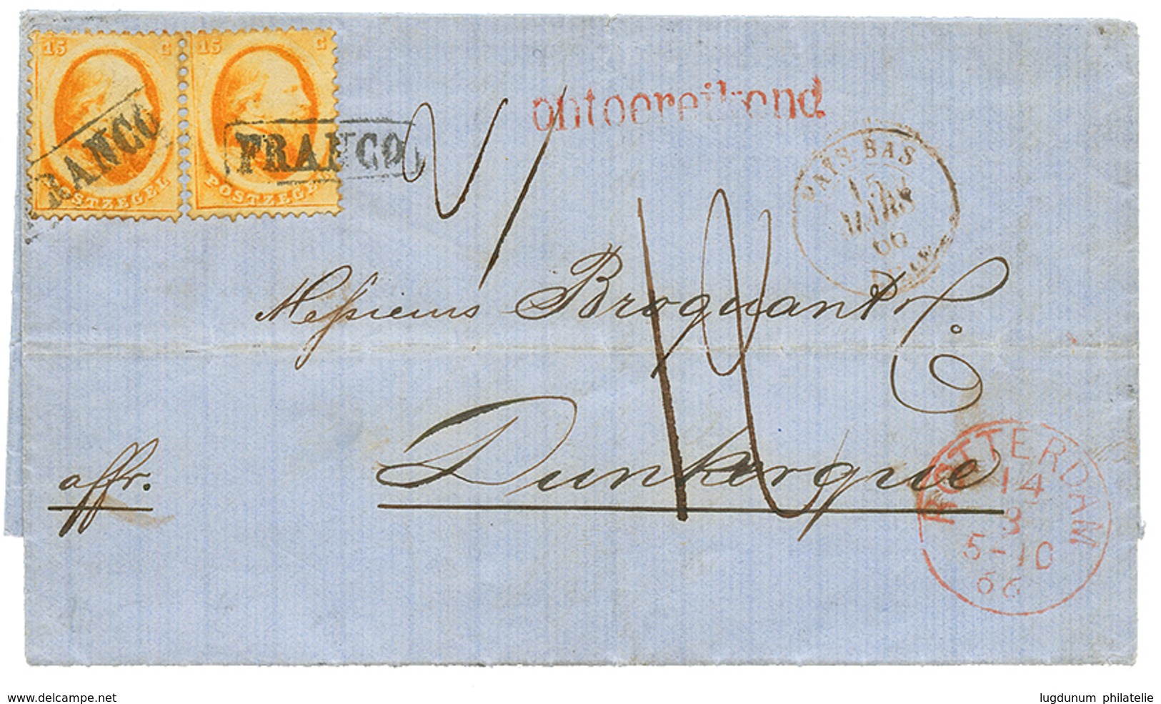 NETHERLANDS : 1866 15c (x2) Canc. FRANCO + "12" Tax Marking On Entire Letter To FRANCE. VLEEMING Certificate (2016). RAR - Other & Unclassified