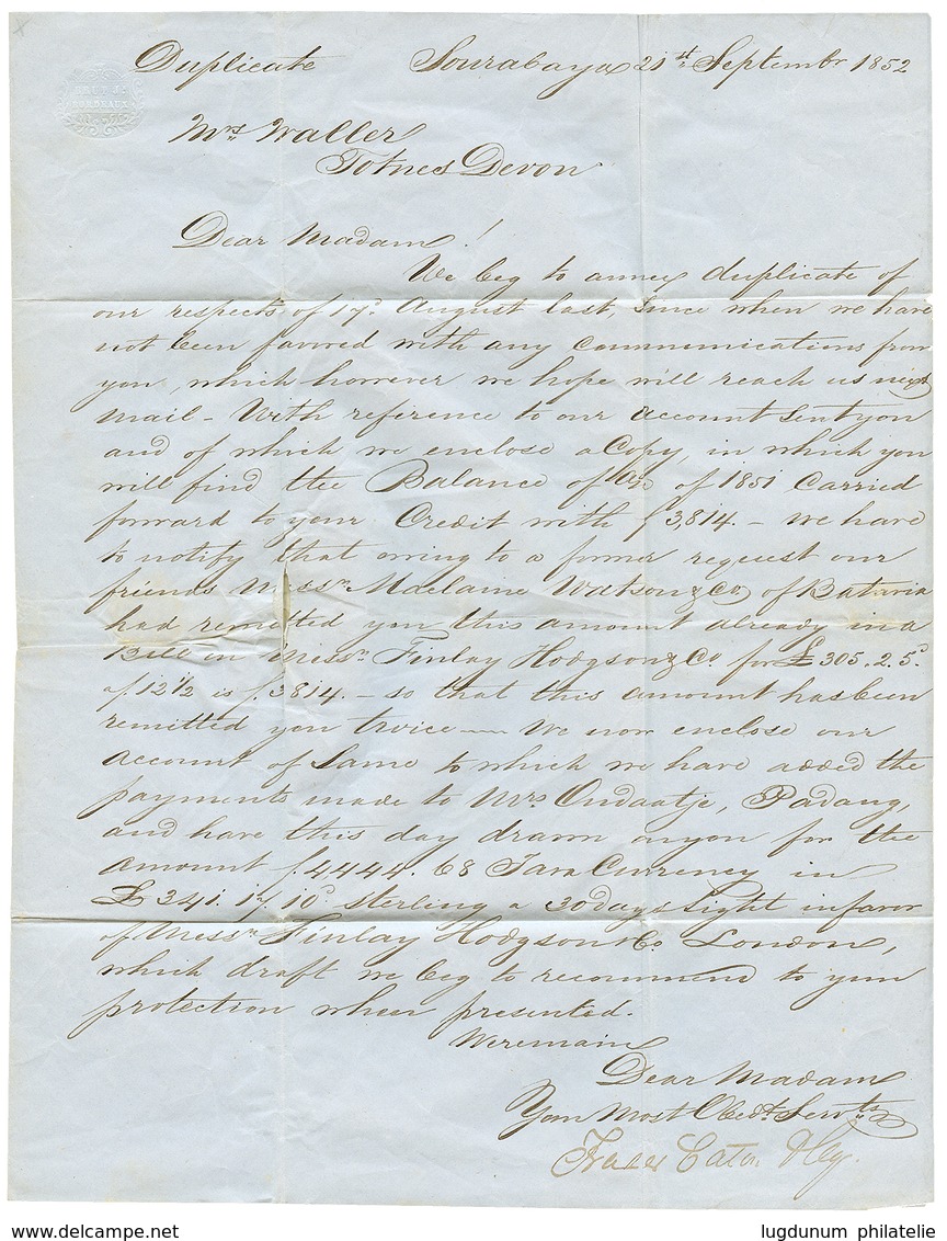 NETHERLAND INDIES Via SINGAPORE To ENGLAND : 1852 SOURABAYA In Blue + "165" Tax Marking On Entire Letter To TOTNESDEVON. - India Holandeses