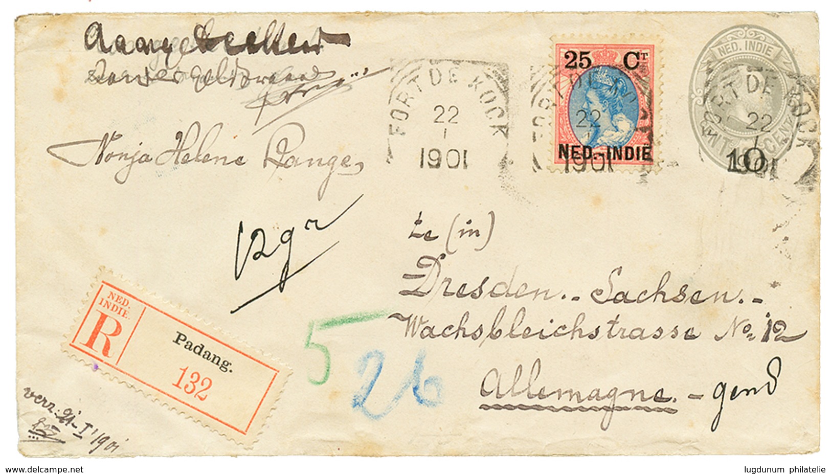 1901 P./Stat 10 On 12 1/2c + 25c Canc. FORT DE KOCK Sent REGISTERED To GERMANY. Vvf. - Netherlands Indies