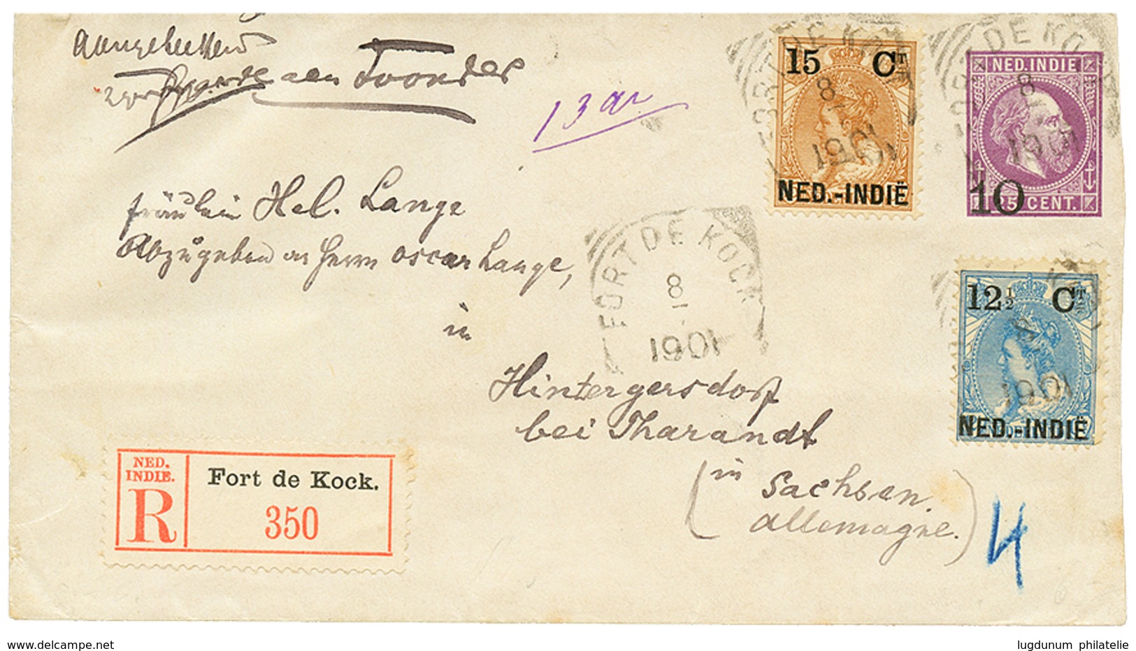 1901 P./Stat 10 On 25cc + 15c+ 12 1/2c Canc. FORT DE KOCK Sent REGISTERED To GERMANY. Vvf. - India Holandeses