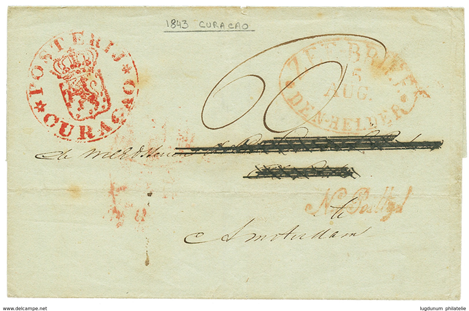 CURACAO : 1846 POSTERIJ CURACAO In Red + ZEEBRIEF/DEN HELDER + NA POSTTYL On Entire (name Erased) From CURACAO To AMSTER - Curacao, Netherlands Antilles, Aruba