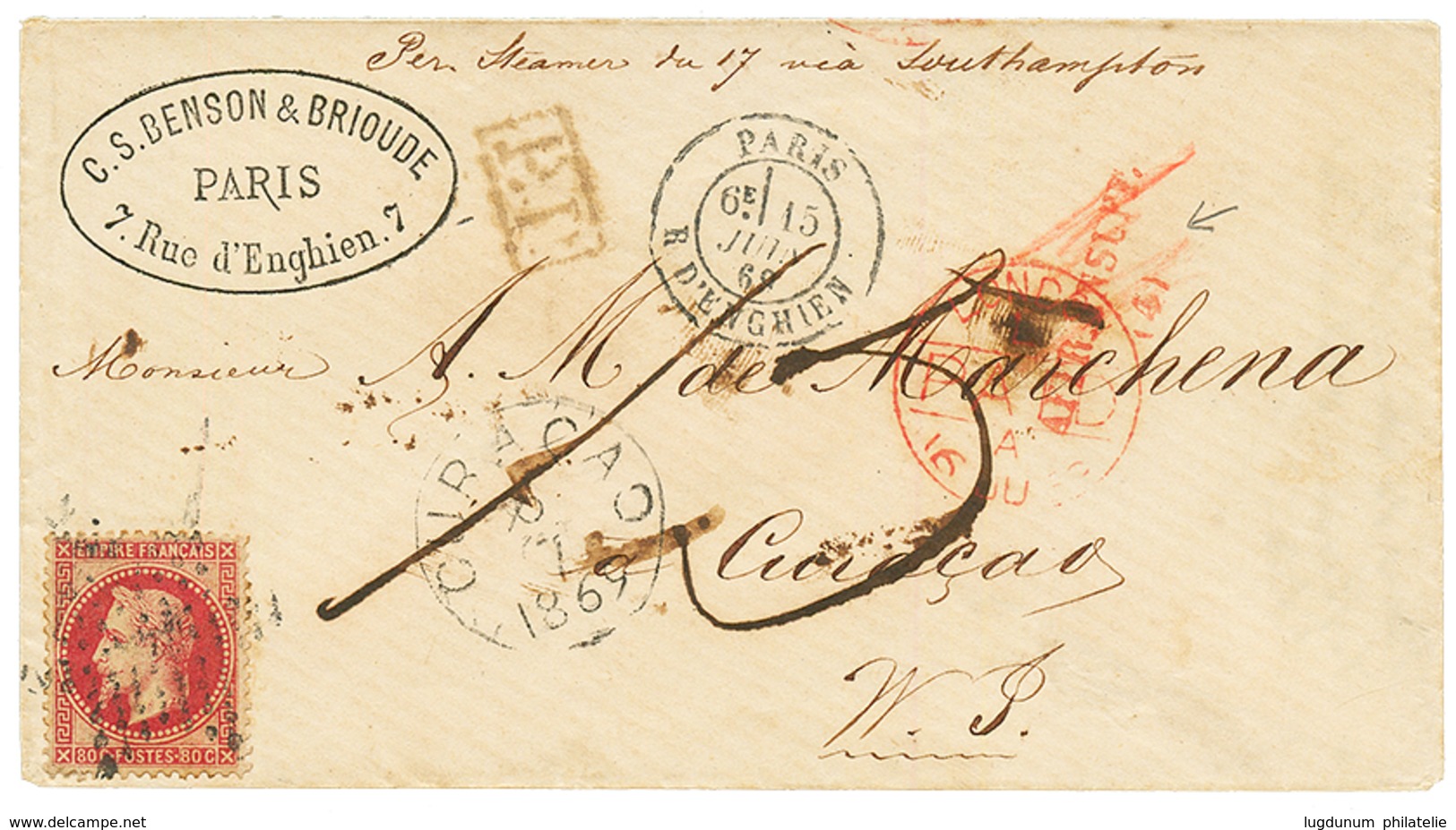 1869 FRANCE 80c On Envelope From PARIS + AFFR. INSUFF. + "/5" Tax Marking To CURACAO With Superb Arrival Cds. Scarce. Vv - Curacao, Netherlands Antilles, Aruba