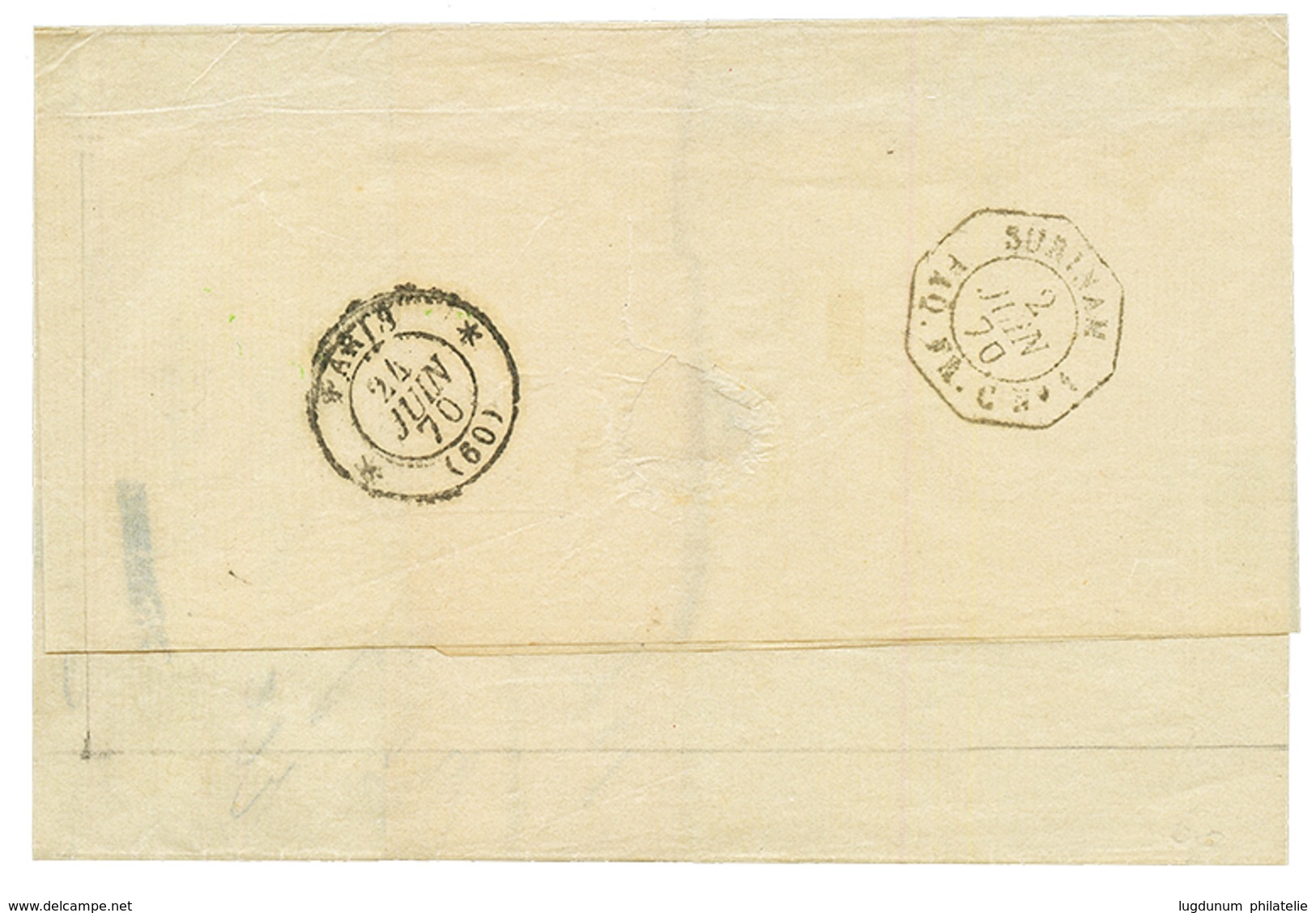 SURINAM - French MARITIME : 1870 PARAMARIBO/FRANCO + PD (PAID In CASH) On Entire To PARIS. Verso, Extremely Rare Cachet  - Surinam ... - 1975