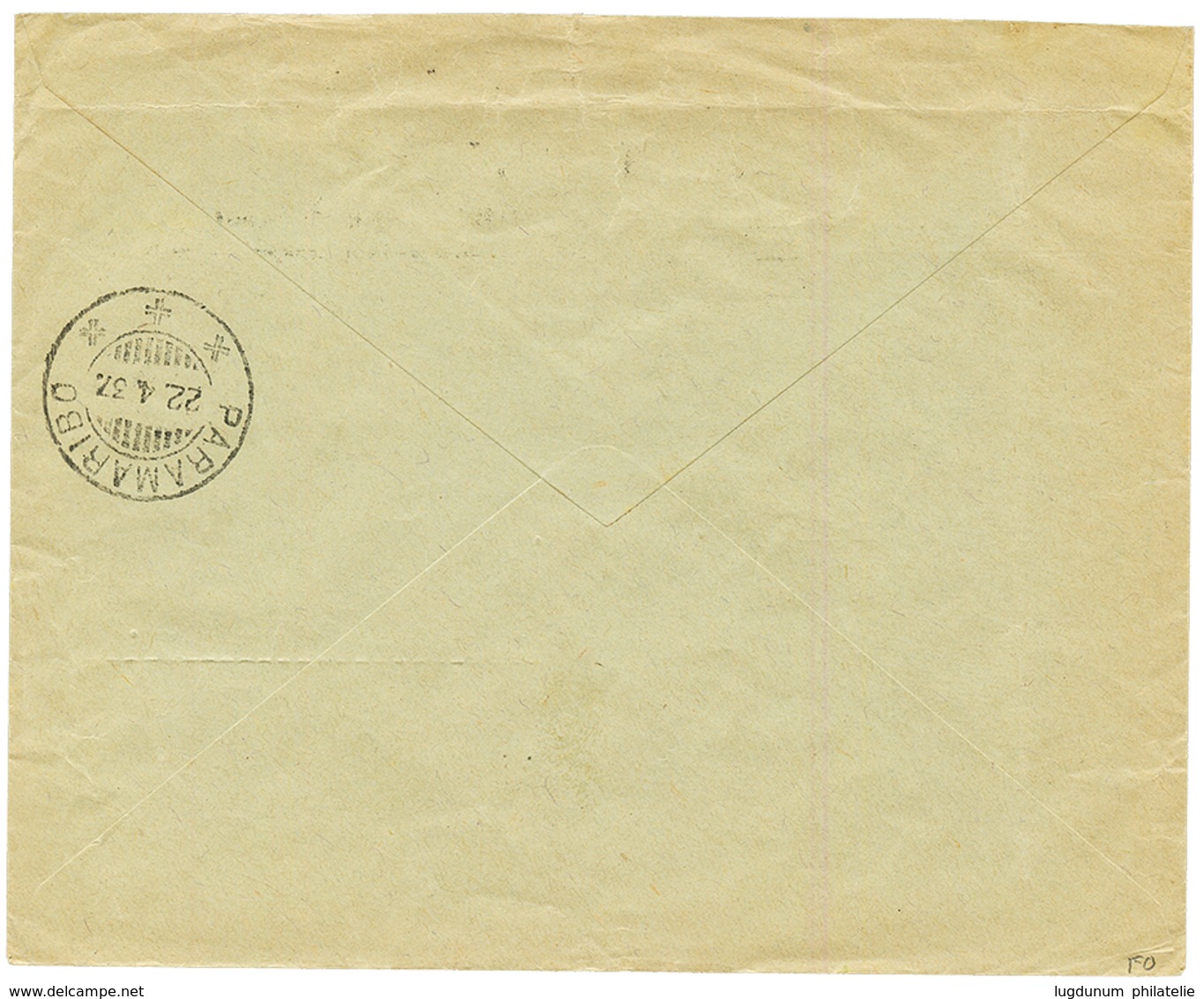 SURINAME : 1937 French GUYANA 25c(x2) + 50c(x2) Canc. Bar Cancel (applied At PARAMARIBO) On Envelope From CAYENNE GUYANE - Surinam ... - 1975