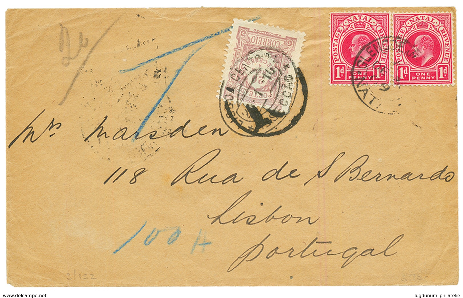 1909 NATAL 1d(x2) On Envelope To LISBON Taxed On Arrival With 20R PORTUGUESE POSTAGE DUE. Vvf. - Otros & Sin Clasificación