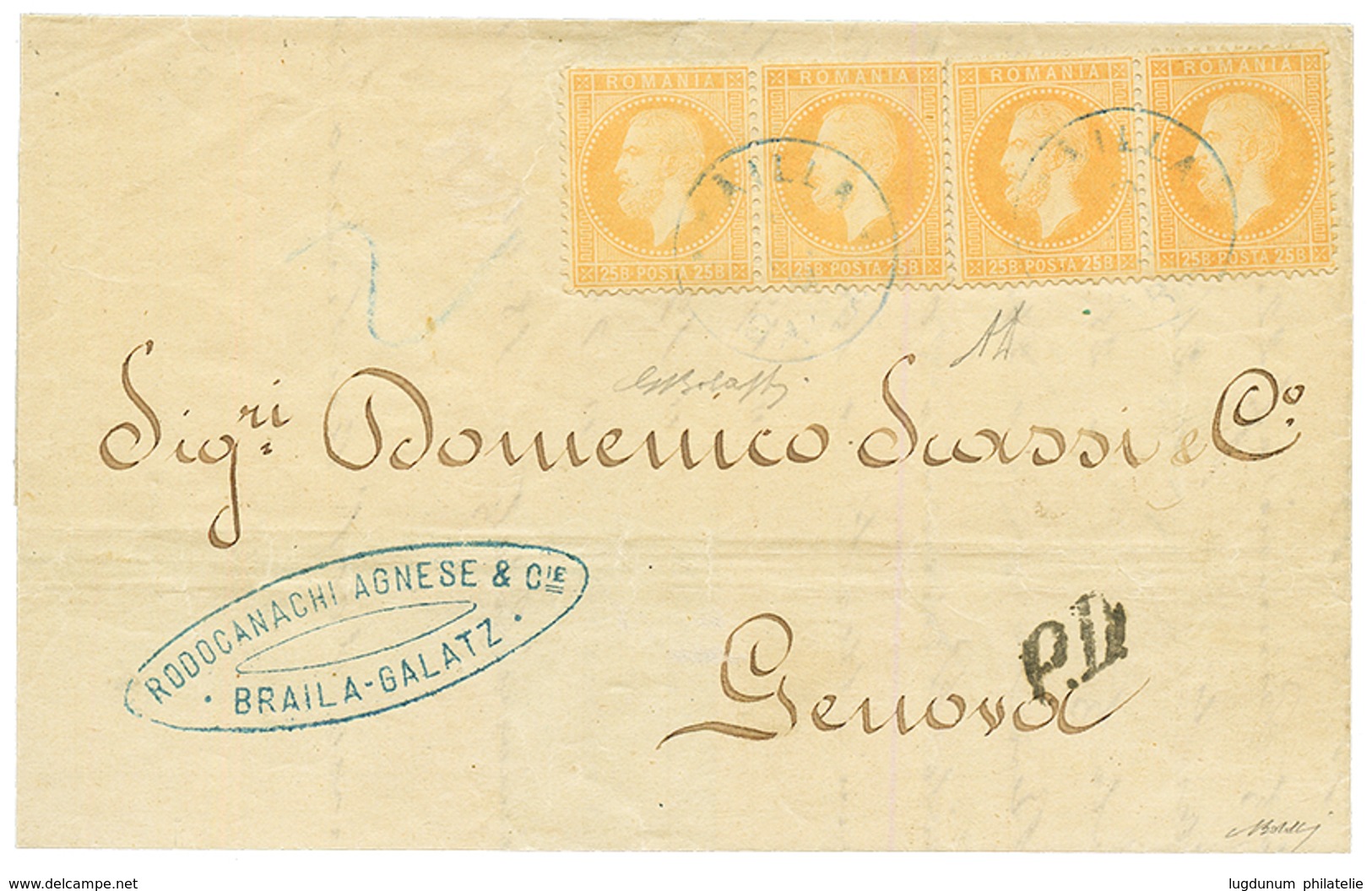 ROMANIA : 1871 25B Strip Of 4 Canc. BRAILA On Cover To ITALY. Signed BOLAFFI. Vf. - Other & Unclassified