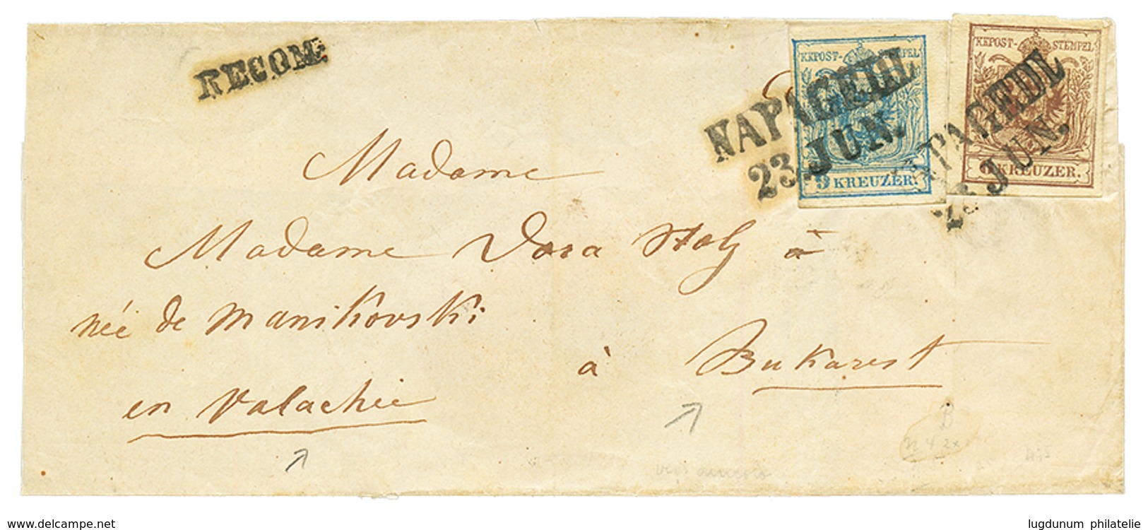 1854 AUSTRIA 6k + 9k Canc. Rare Straight Line Cachet NAPAGEDL / 23 JUN. + RECOM. On REGISTERED Cover To BUKAREST VALACHI - Other & Unclassified