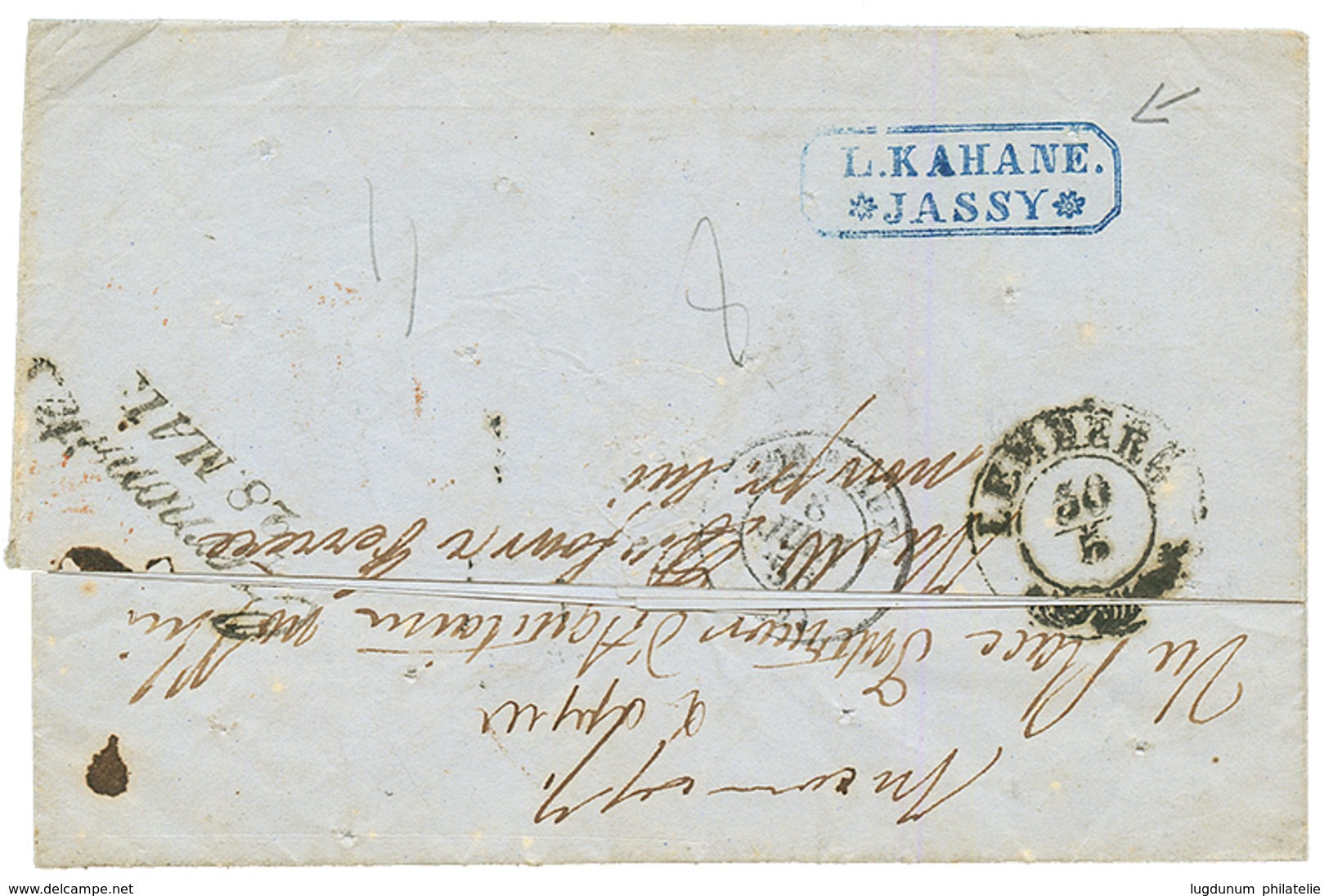 1856 Austrian P.O JASSY On DISINFECTED (rastel) Entire Letter To FRANCE. Verso, Rare Boxed Cachet L.KAHANE/ JASSY + CZER - Otros & Sin Clasificación