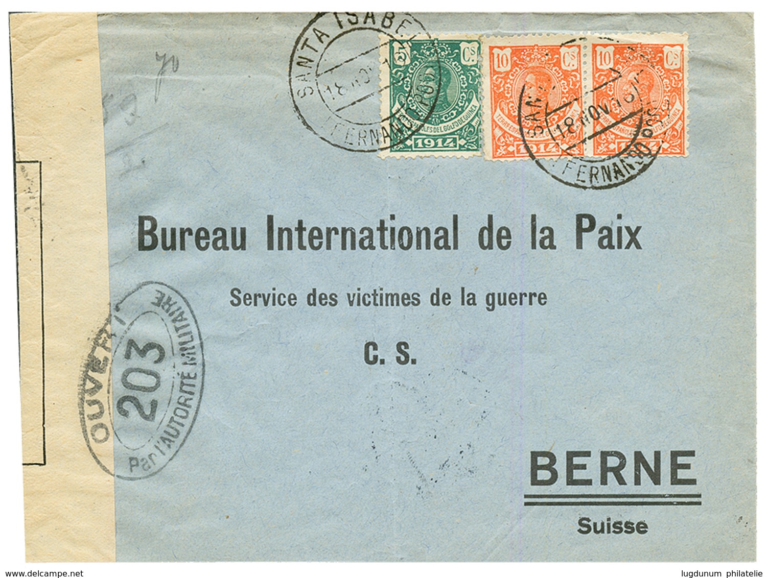 SPANISH GUINEA : 1916 5c + 10c (x2) Canc. SANTA ISABEL FERNANDO-POO + CENSOR To SWITZERLAND. Vvf. - Otros & Sin Clasificación