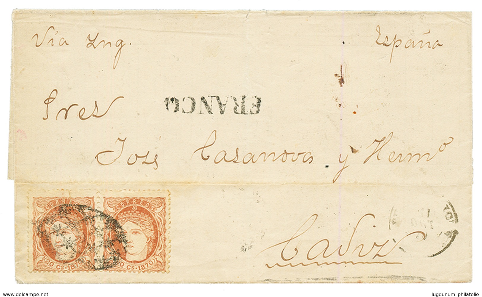 PORTO-RICO : 1870 20c(x2) + FRANCO On Cover To SPAIN. Verso, PUERTO-RICO. Vvf. - Other & Unclassified