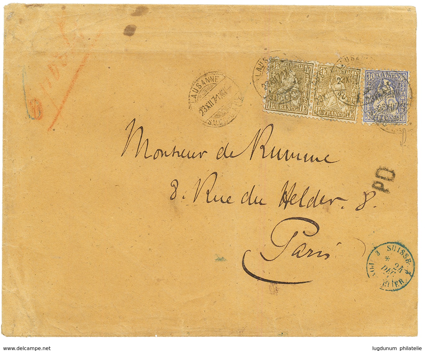 1871 30c Blue + Pair 2F Canc. LAUSANNE On Envelope (reduced At Right) To FRANCE. Vf. - Other & Unclassified