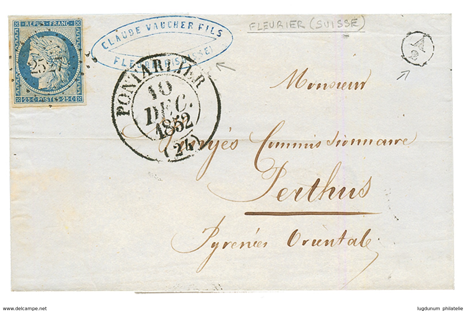 Stamp From FRANCE Used In SWITZERLAND" " : 1852 FRANCE 25c CERES With 4 Large Margins Canc. PC 2527 + T.13 PONTARLIER +  - Otros & Sin Clasificación