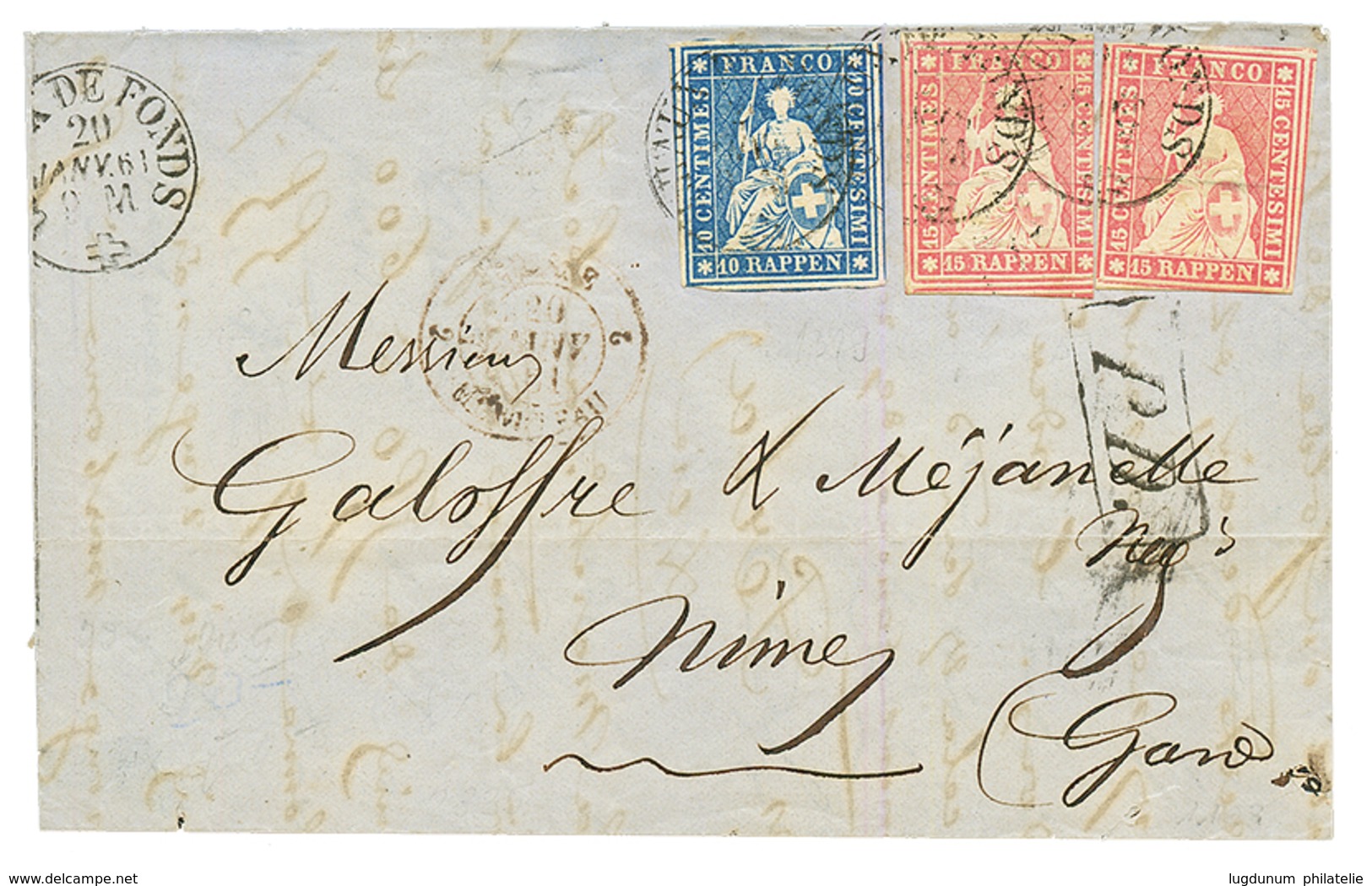 1861 STRUBEL 10r + 15r(x2) Canc. CHAUX DE FONDS On Cover (side Flaps Missing) To FRANCE. RENGGLI Certificate (1994). Vf. - Otros & Sin Clasificación