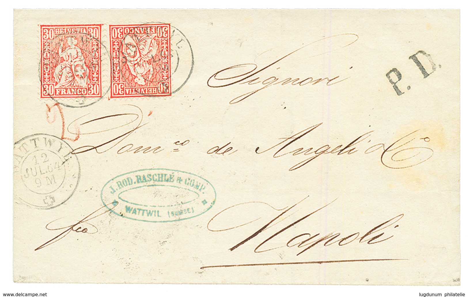 1864 30c Red(x2) Canc. WATTWILL On Cover To NAPOLI (ITALY). Vf. - Otros & Sin Clasificación