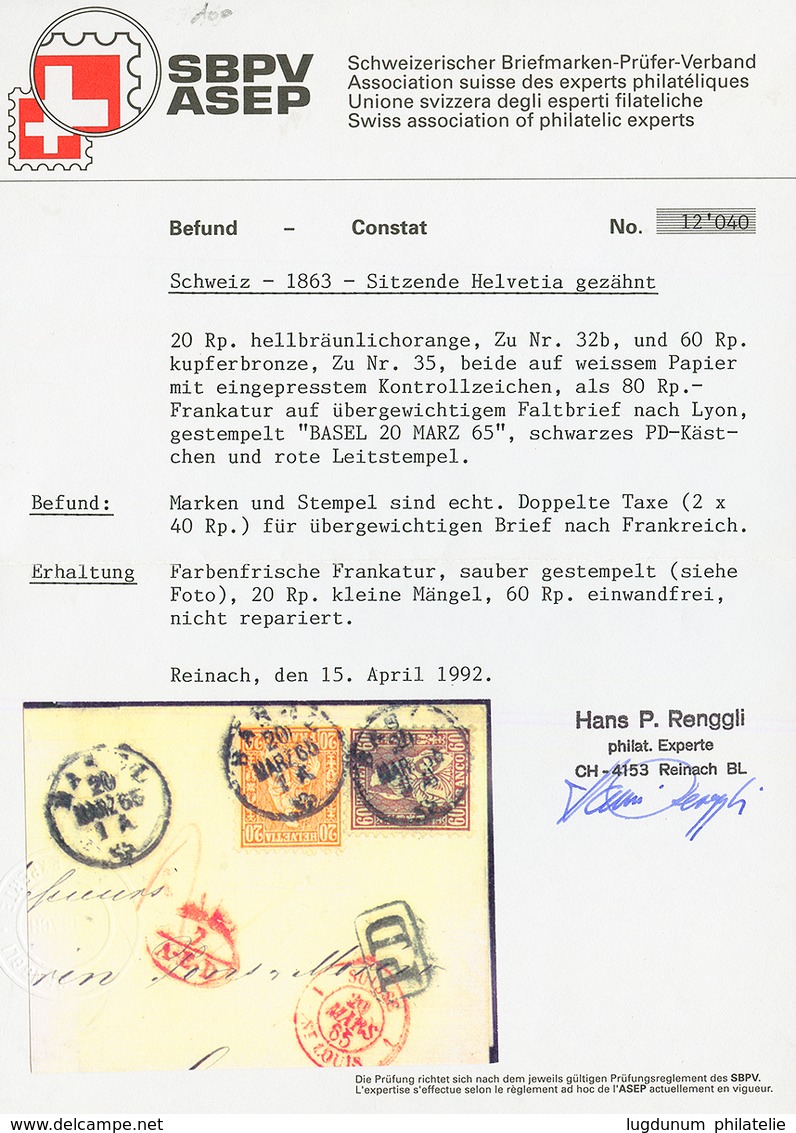 1865 20c + 60c BRONZE Canc. BASEL + 7/A.E.D Red + SUISSE 1 ST LOUIS, To LYON. RENGGLI Certificate. Vf. - Other & Unclassified