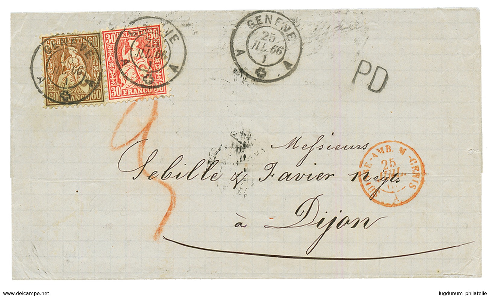 1866 30c Red + 60c BRONZE Canc. GENEVE + SUISSE AMB. M-CENIS Red On Cover To DIJON. RENGGLI Certificate. Vf. - Otros & Sin Clasificación
