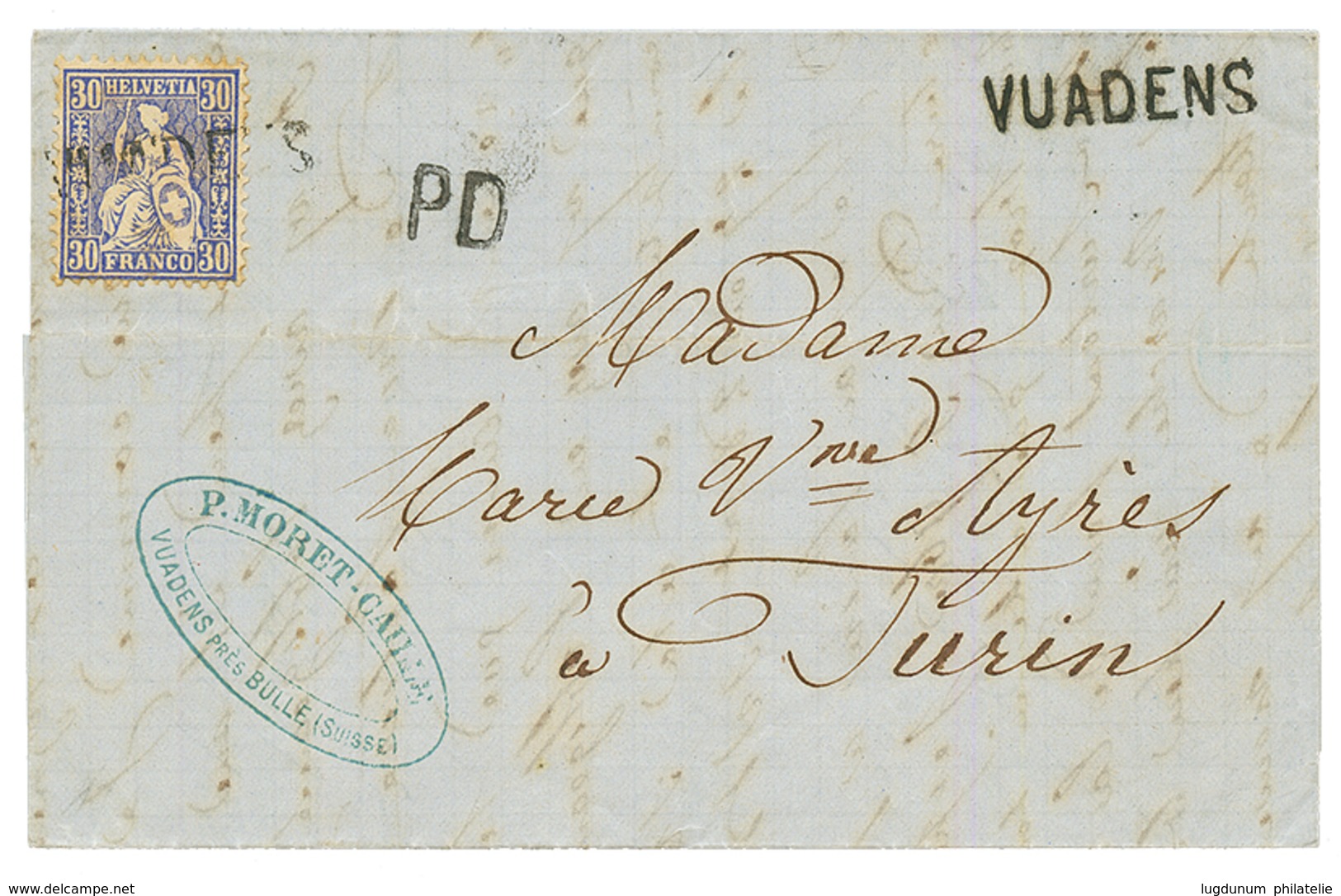 1871 30c Canc. Straight Line Cachet VUADENS On Entire Letter To TURIN (ITALY). Vf. - Other & Unclassified