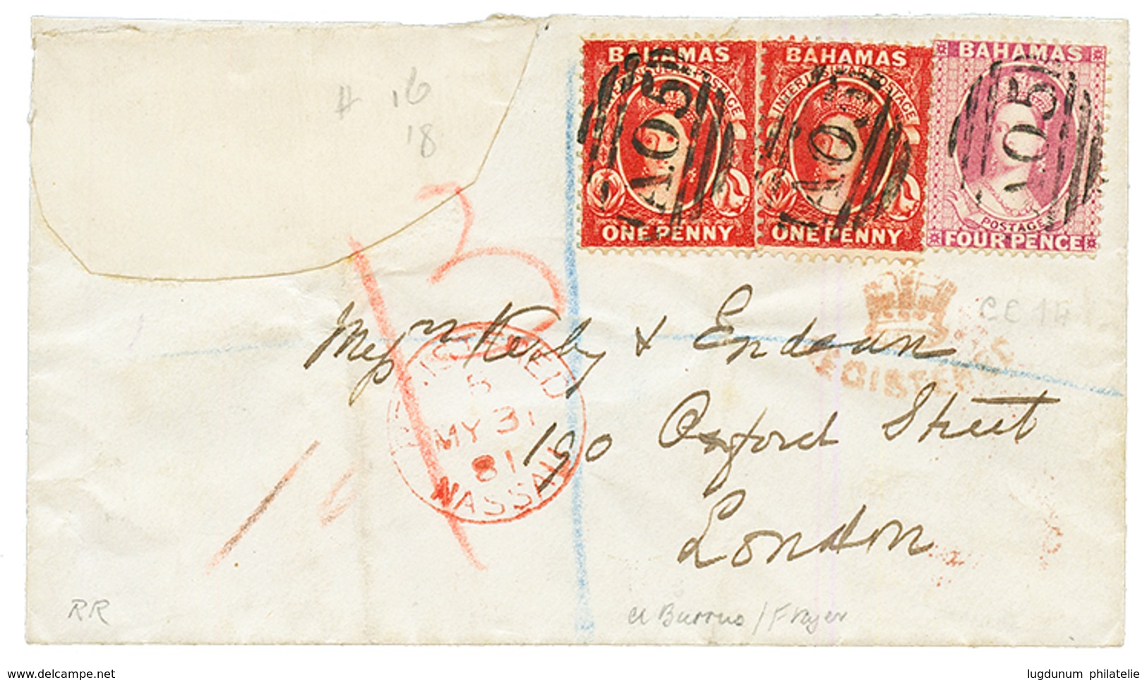 1881 BAHAMAS 1p(x2) + 4d Canc. A05 + REGISTERED NASSAU On Envelope ( Repaired Corner) To LONDON. RARE. Ex. BURRUS Collec - Other & Unclassified