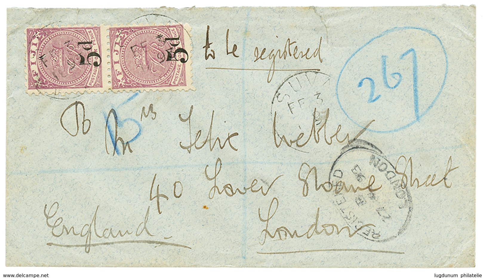 1893 FIJI Provisional 5d On 4d(x2) Canc. SUVA On REGISTERED Envelope To ENGLAND. Rare. Vvf. - Fiji (...-1970)