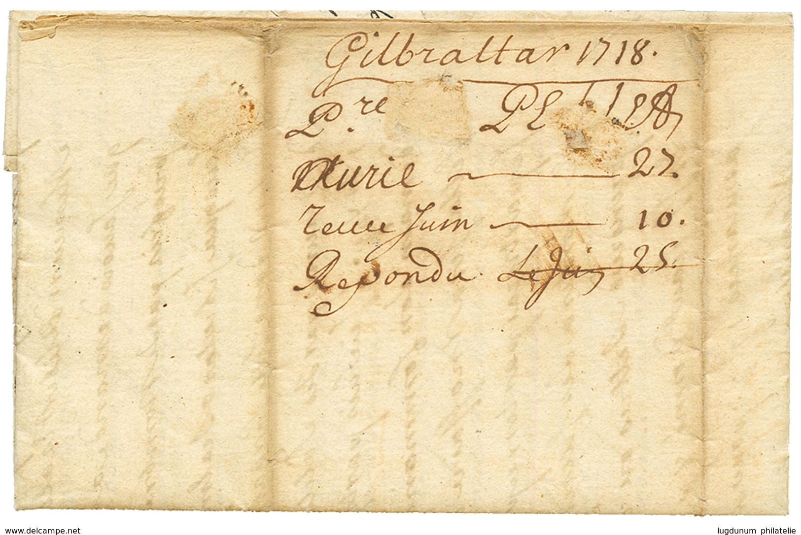 GIBRALTAR To MARTINIQUE : 1718 Entire Letter Datelined GIBRALTAR To MARTINIQUE. Scarce. Vvf. - Gibraltar