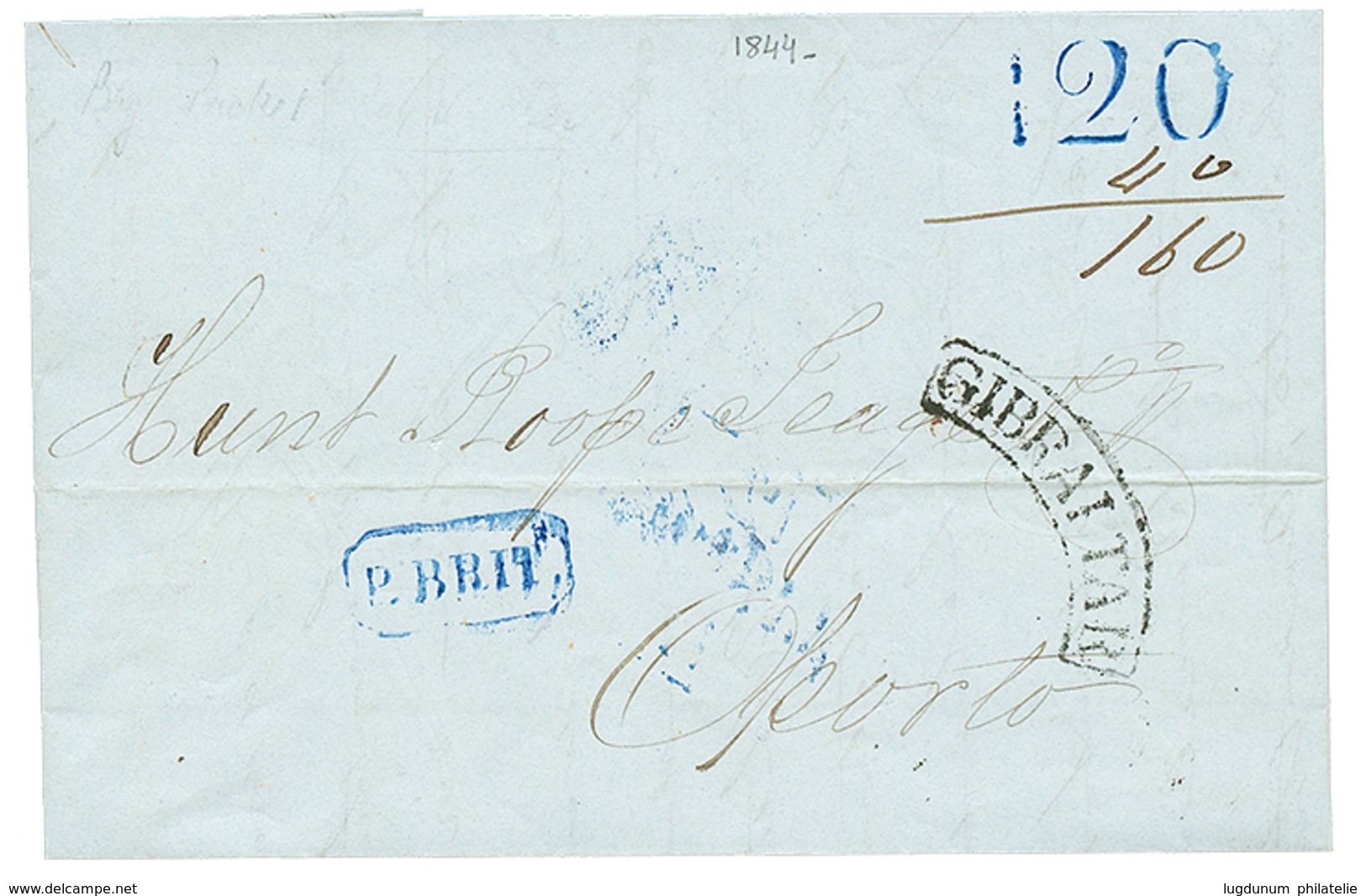 1844 GIBRALTAR + Boxed P.BRIT + "120+ 40 = 160" Tax Marking On Entire Letter To PORTUGAL. Superb. - Gibraltar