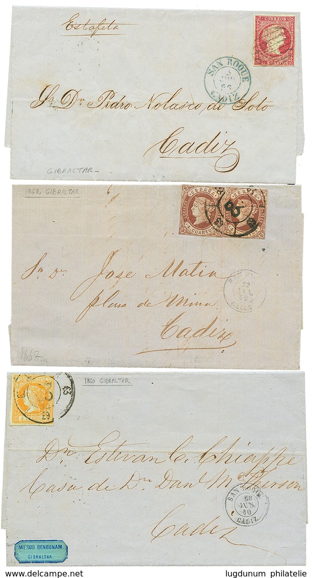1856 / 62 Lot 3 Entire Letters From GIBRALTAR With SPAIN 4c Red, 4c Yellow And 4c Brown (x2). Vvf. - Gibraltar