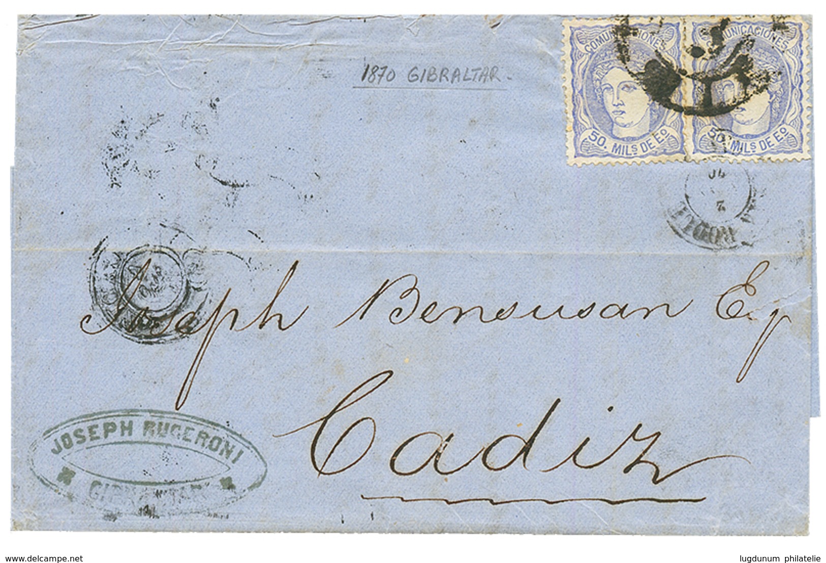 1870 SPAIN 50m (x2) On Cover From GIBRALTAR To CADIZ. Vf. - Gibraltar