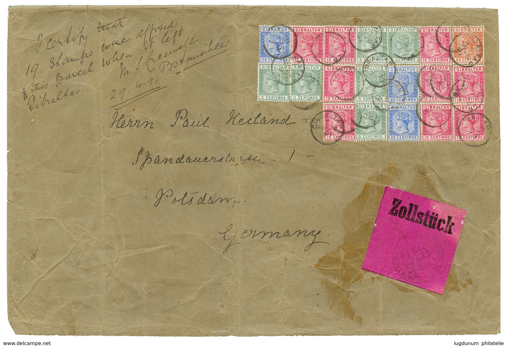 GIBRALTAR : 1891 Exceptional Franking With 5c(x6) + 10c(x9) + 25c(x3) + 40c Canc. GIBRALTAR + Pink Label ZOLLSTÜCK On La - Gibraltar