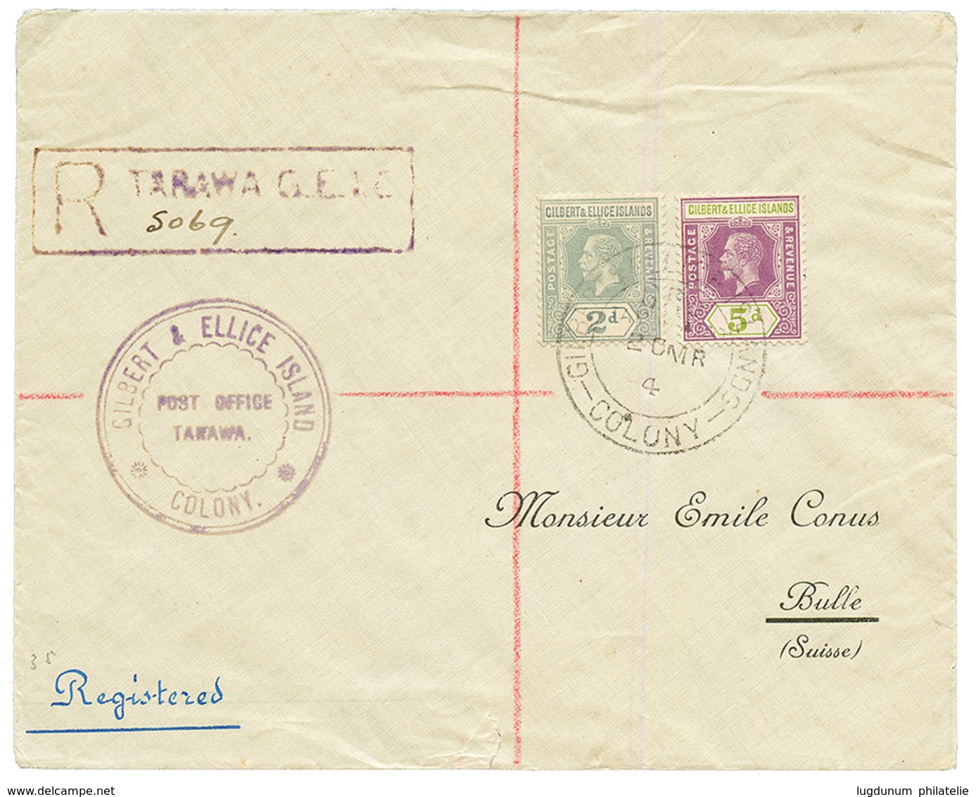 GILBERT & ELLICE : 1934 2d + 5d On REGISTERED Envelope From TARAWA To SWITZERLAND. Vvf. - Gilbert & Ellice Islands (...-1979)