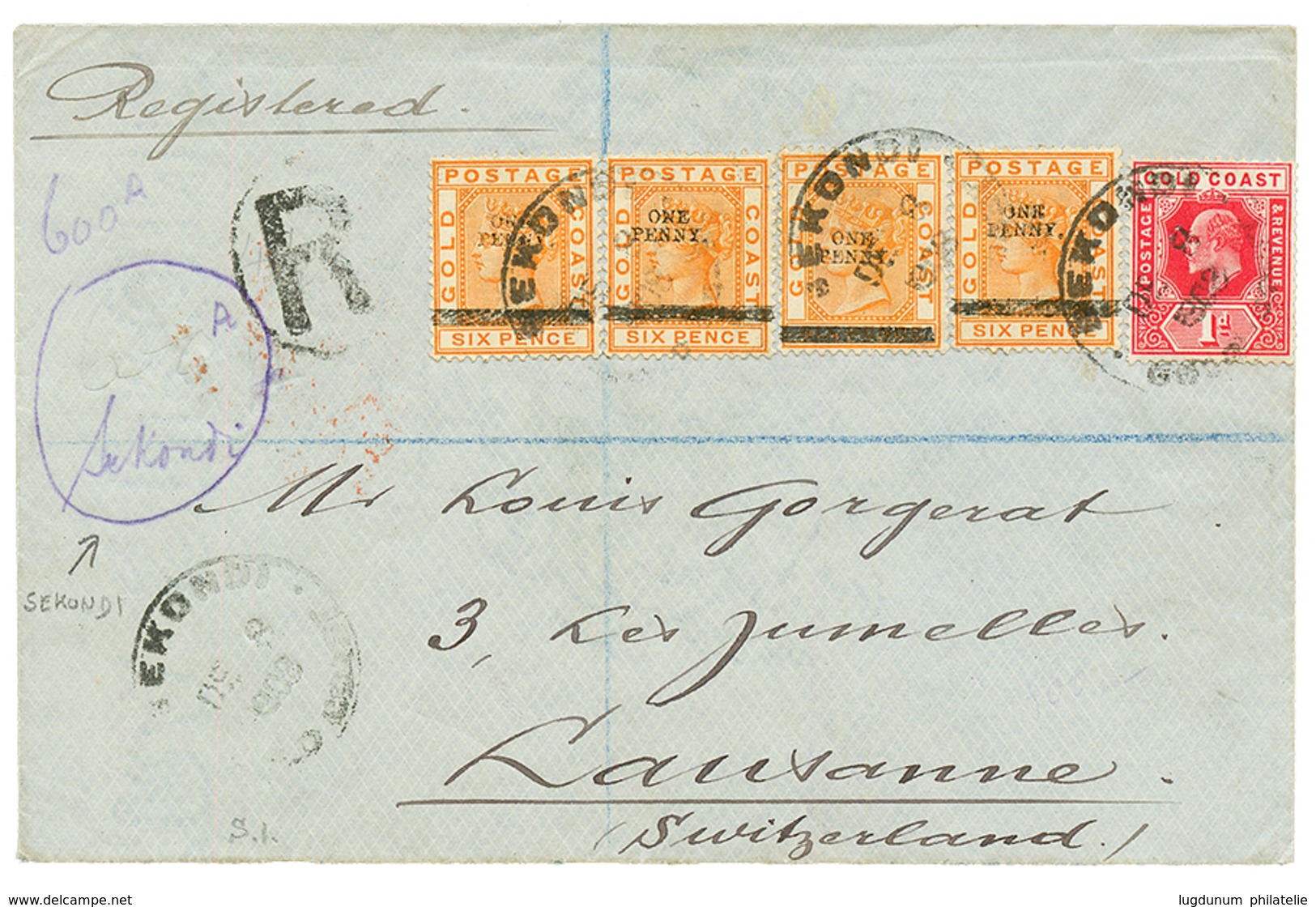 "SEKONDI" : 1908 ONE PENNY On 6d (x4) + 1d Canc. SEKONDI On REGISTERED Envelope To SWITZERLAND. RARE. Vf. - Costa De Oro (...-1957)