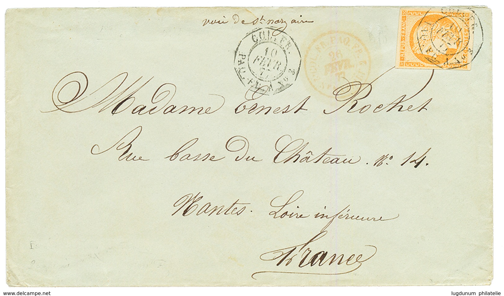 BURMA : 1877 FRENCH COLONIES 40c With 4 Margins Canc. COL. FR. PAQ FR A N°3 On Envelope From RANGOON To FRANCE. Very Sca - Other & Unclassified