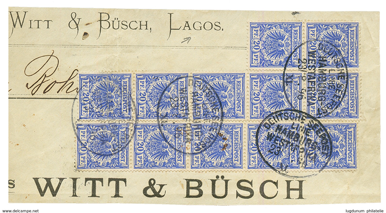 LAGOS : 1896 GERMANY 20Pf(x12) Canc. DEUTSCHE SEEPOST/HAMBURG- WESTAFRIKA XL On Large Piece From LAGOS. Spectacular And  - Nigeria (...-1960)