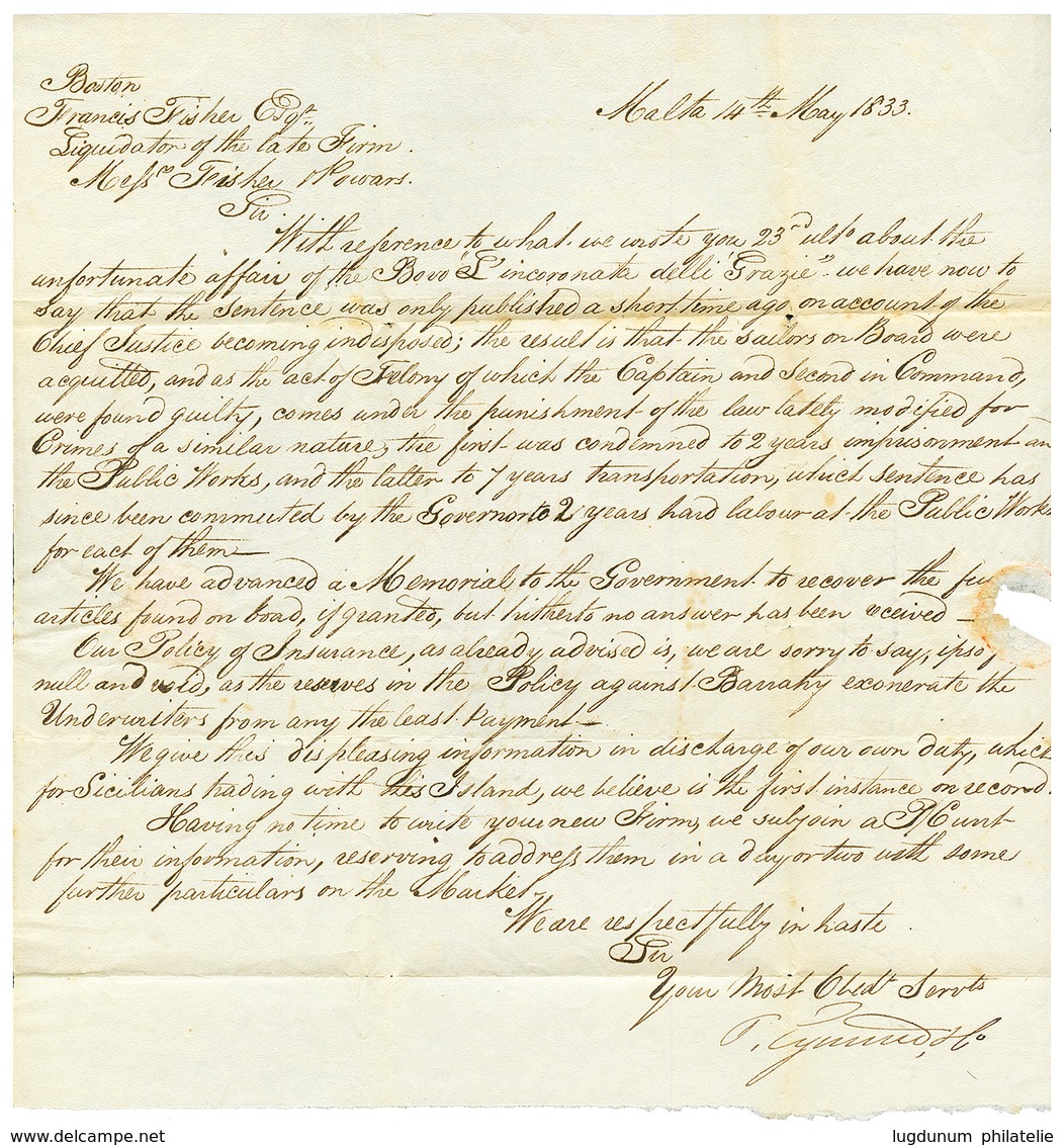 DESINFECTED Cachet QUARANTINE : 1833 QUARANTINE In Red + "6" Red Tax Marking On Entire Letter From MALTA To BOSTON (USA) - Malta (...-1964)