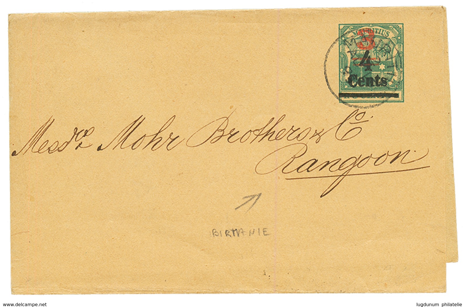 MAURITIUS : 1899 Postal Stationery 3 On 4c To RANGOON (BURMA). Verso, Cds TUTICORIN (INDIA). Vf. - Mauritius (...-1967)