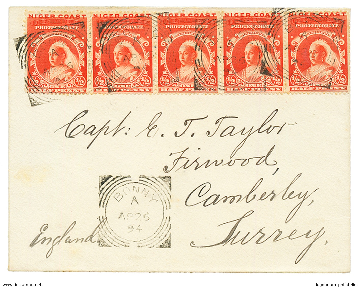 NIGER COAST - OPOBO CONSULATE : 1894 1/2d Strip Of 5 Canc. BONNY On Envelope (OPOBO VICE CONSULATE Seal On Reverse) To E - Nigeria (...-1960)