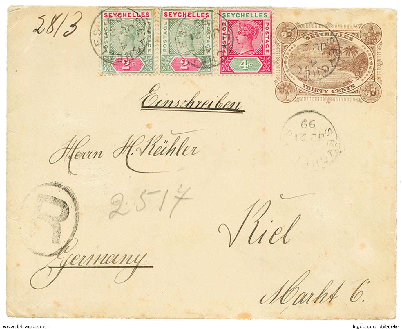 1899 P./Stat 30c + 2c(x2) + 4c Canc. SEYCHELLES /4 Sent REGISTERED To GERMANY. One Flap Missing. Vf. - Samoa