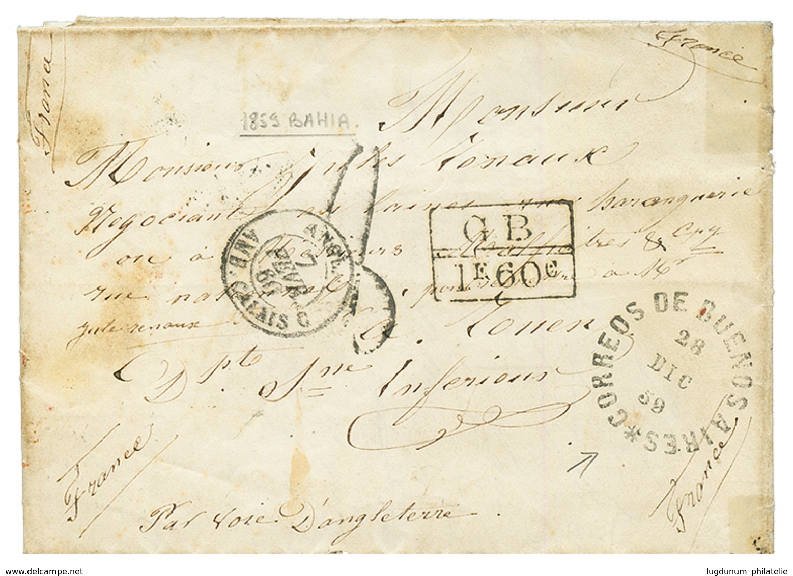 "BRAZIL Via ARGENTINA : 1859 CORREOS DE BUENOS AIRES + GB/1F60c + "8" Tax Marking On Entire Letter Datelined "BAHIA" To  - Other & Unclassified
