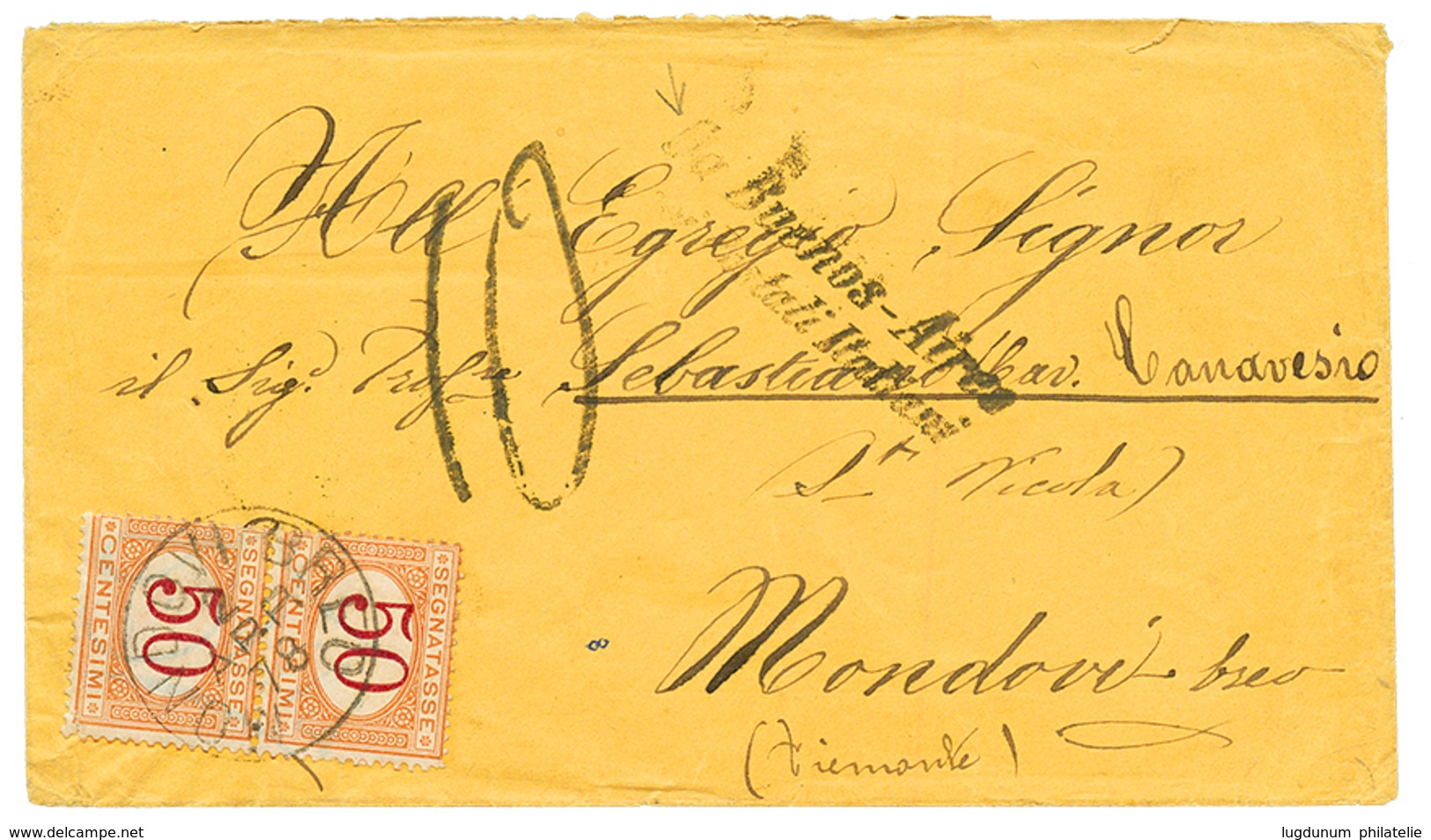 1878 DA BUENOS-AIRES/ COI POSTALI ITALIANI + Pair 50c ITALIAN POSTAGE DUES On Envelope To MONDOVI (ITALY). Scarce. Vvf. - Otros & Sin Clasificación