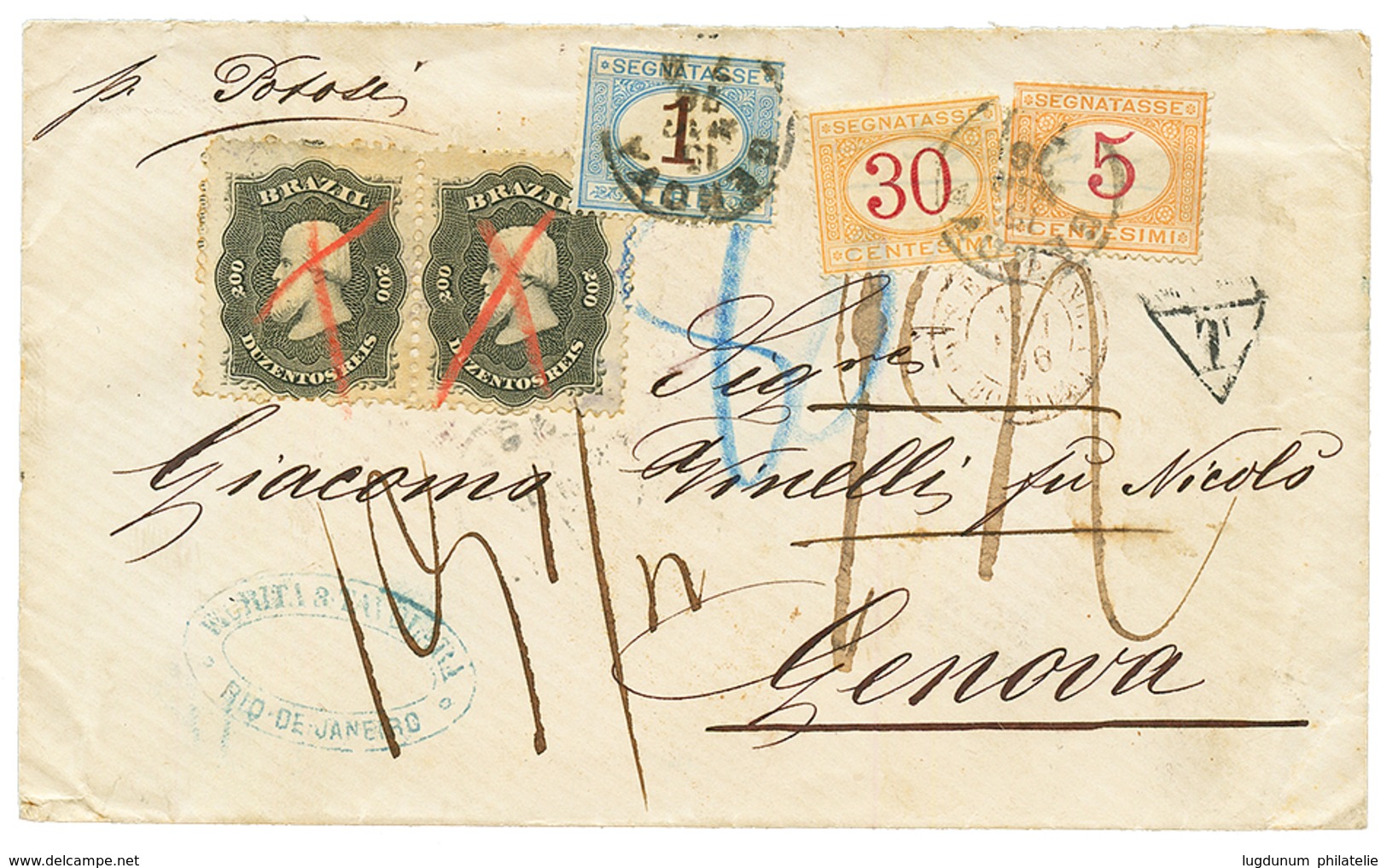 1876 BRAZIL 200R (x2) Pen Cancel In Red + "P. POTOSI" + ITALIAN POSTAGE DUES 5c + 30c + 1L Canc. GENOVA On Envelope From - Otros & Sin Clasificación