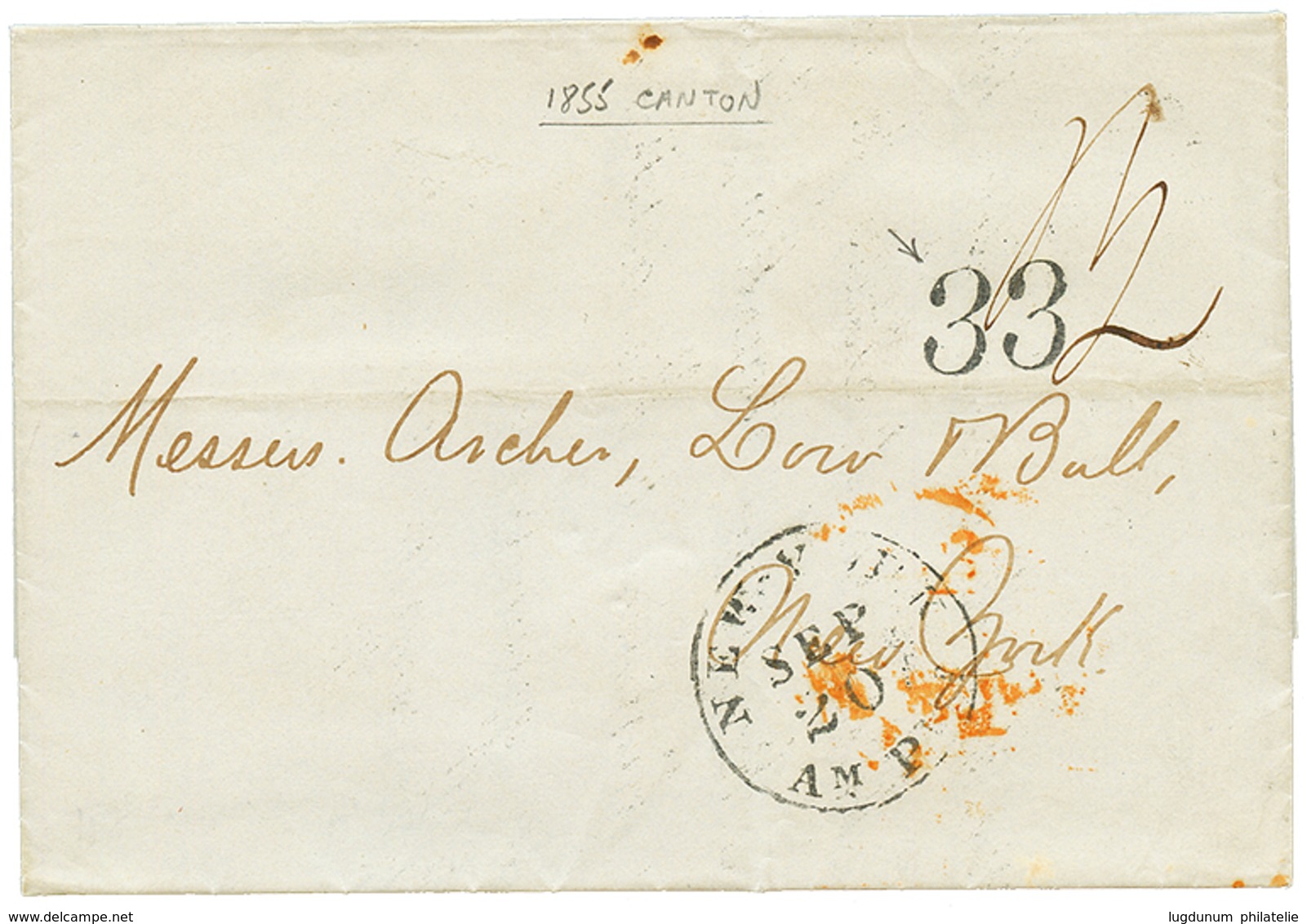 CHINA : 1855 "33" Tax Marking + NEW-YORK AM.PKT On Entire Letter From CANTON Via UK To USA. Superb. - Other & Unclassified