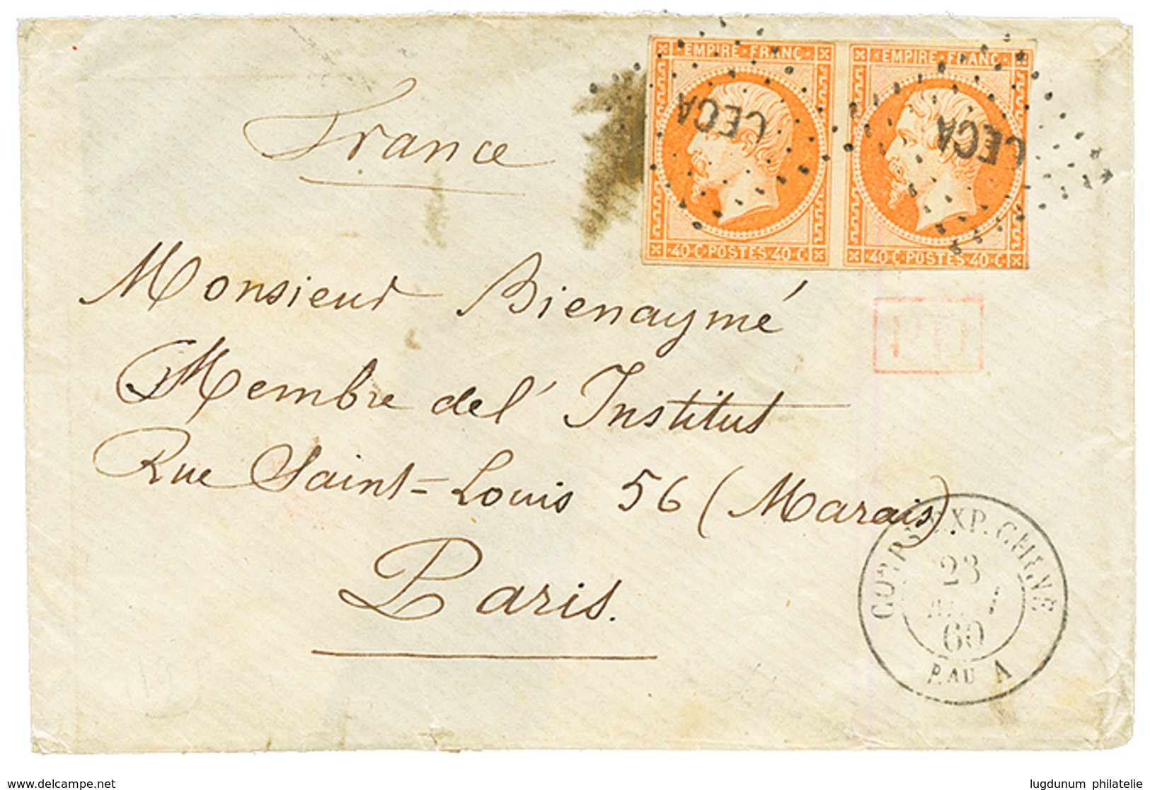 CHINA - French Expedition : 1860 FRANCE 40c(x2) Canc. CECA + CORPS EXP. CHINE Bau A On Envelope To PARIS. Small Faults B - Otros & Sin Clasificación