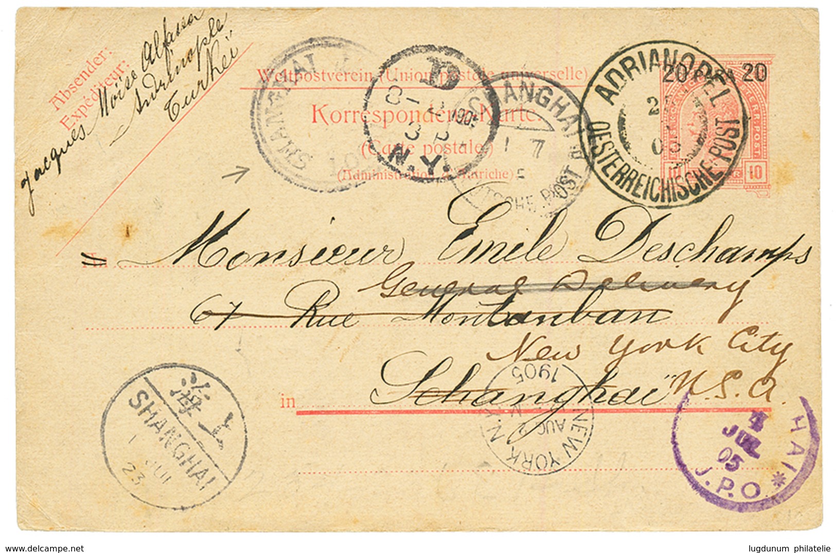 "ADRIANOPEL (AUSTRIAN LEVANT) To CHINA ": 1905 AUSTRIAN LEVANT P./Stat 10h Canc. ADRIANOPEL + SHANGHAI IJPO + SHANGHAI D - Other & Unclassified