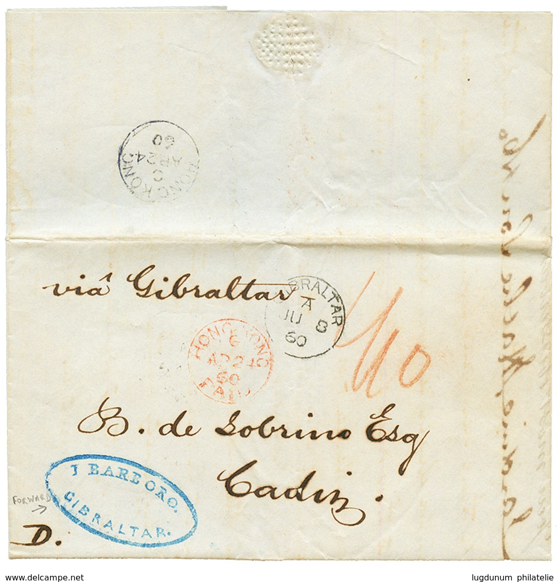 "HONG-KONG Via FORWARDING Agent GIBRALTAR" : 1860 HONG KONG PAID Red + GIBRALTAR + Tax Marking + Blue Forwarding Agent C - Otros & Sin Clasificación