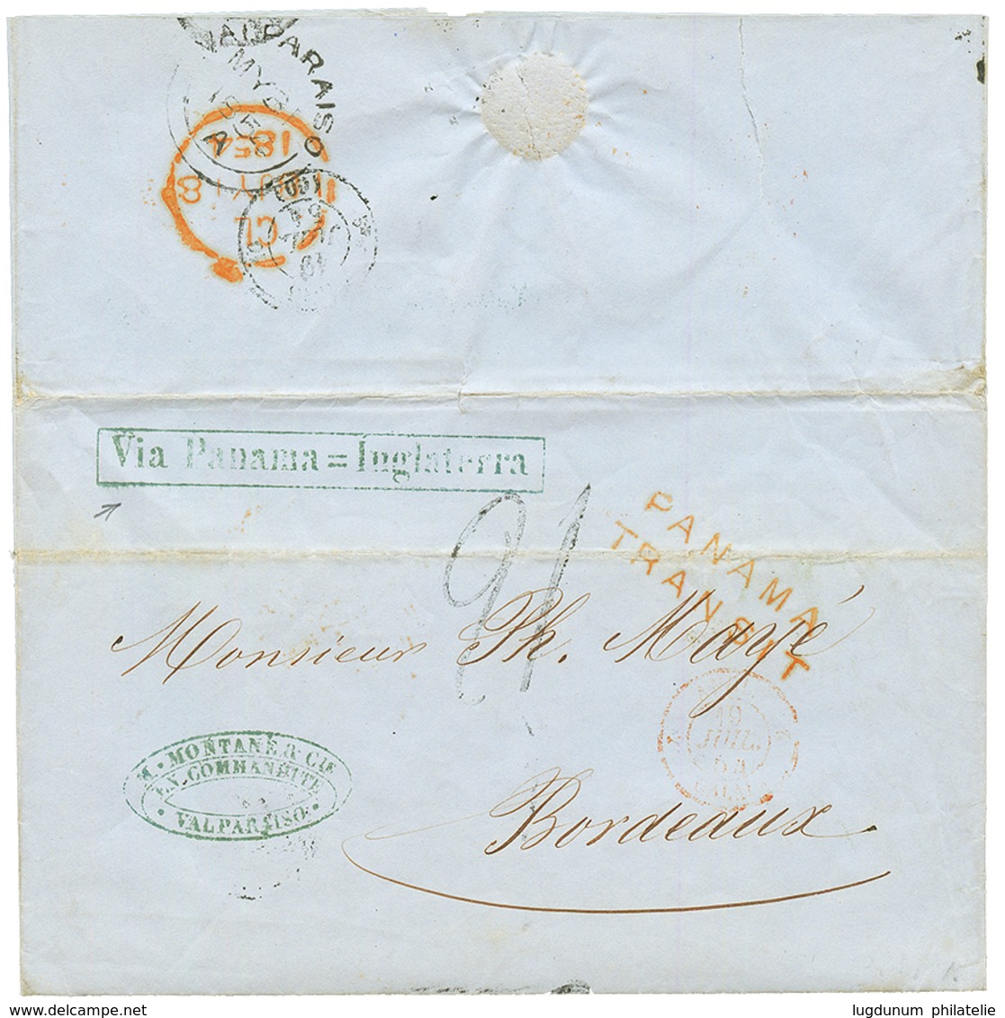 1854 PANAMA TRANSIT + Boxed VIA PANAMA = INGLATERRA + "21" Tax Marking On Entire Letter From VALPARAISO To FRANCE. Verso - Chile