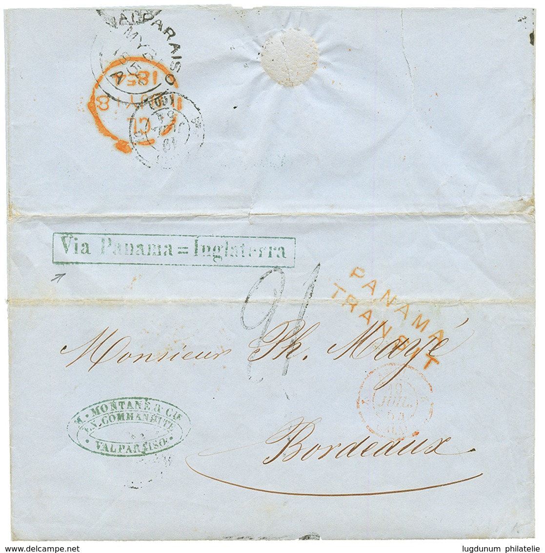 1854 PANAMA TRANSIT + Boxed VIA PANAMA = INGLATERRA + "21" Tax Marking On Entire Letter From VALPARAISO To FRANCE. Verso - Chili