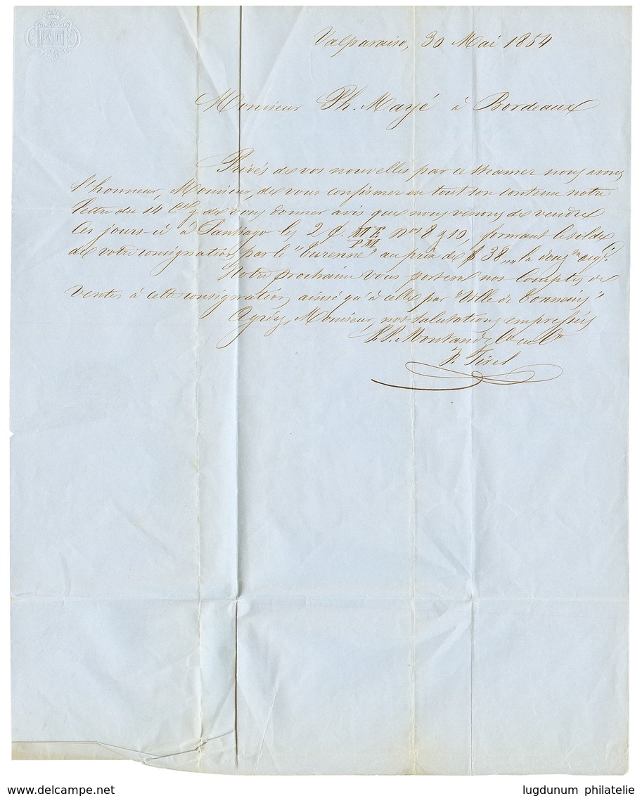 1854 PANAMA TRANSIT + Boxed VIA PANAMA = INGLATERRA + "21" Tax Marking On Entire Letter From VALPARAISO To FRANCE. Verso - Chile