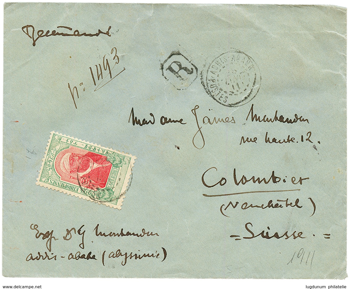 1911 4g Canc. ADDIS-ABABA POSTES (french Type) On REGISTERED Envelope To SWITZERLAND. Scarce. Vvf. - Äthiopien