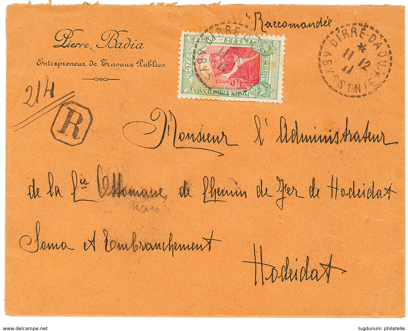 "ETHIOPIA To YEMEN" : 1911 4g Canc. French Cachet DIRE-DOUA ABYSSINIE On REGISTERED Envelope To "CHEMIN DE FER De HODEID - Ethiopie